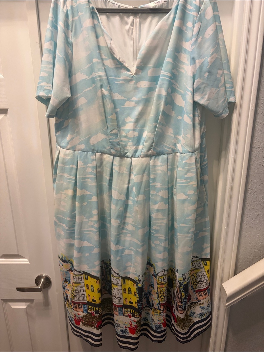 eshakti Light Blue & White Cloud Midi Dress with Scenic Border w/pockets